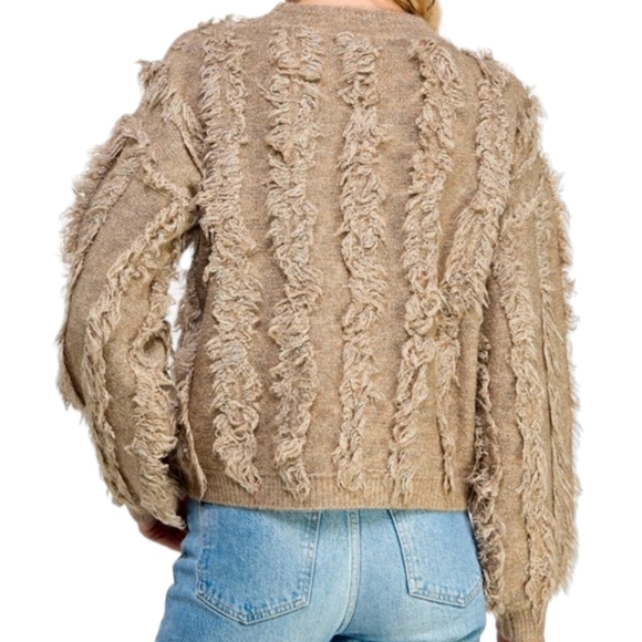 NWT Women's Taupe Fringe Balloon Sleeve Pullover Knit Sweater Size L - Picture 2 of 4